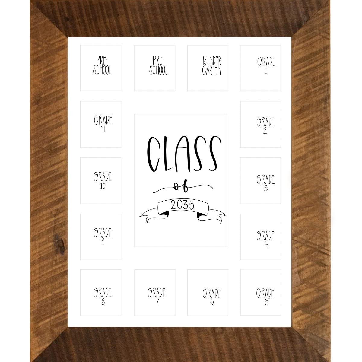 Rustic Red Door Co. School Years Reclaimed Wood Picture Frame with Mat - 11x14 Wooden Framed 15 Photo Collage Mat (Class of 2035, White)