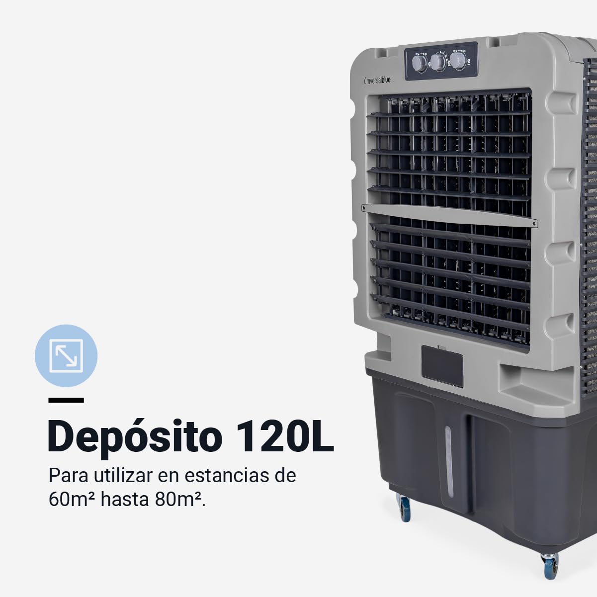 UNIVERSALBLUE Climatizador Evaporativo 120L, Caudal 10.000 m³/h, Cobertura 80 m², 350W, 3 Packs de Hielo, con Ruedas, Interiores y Exteriores, Almacenes