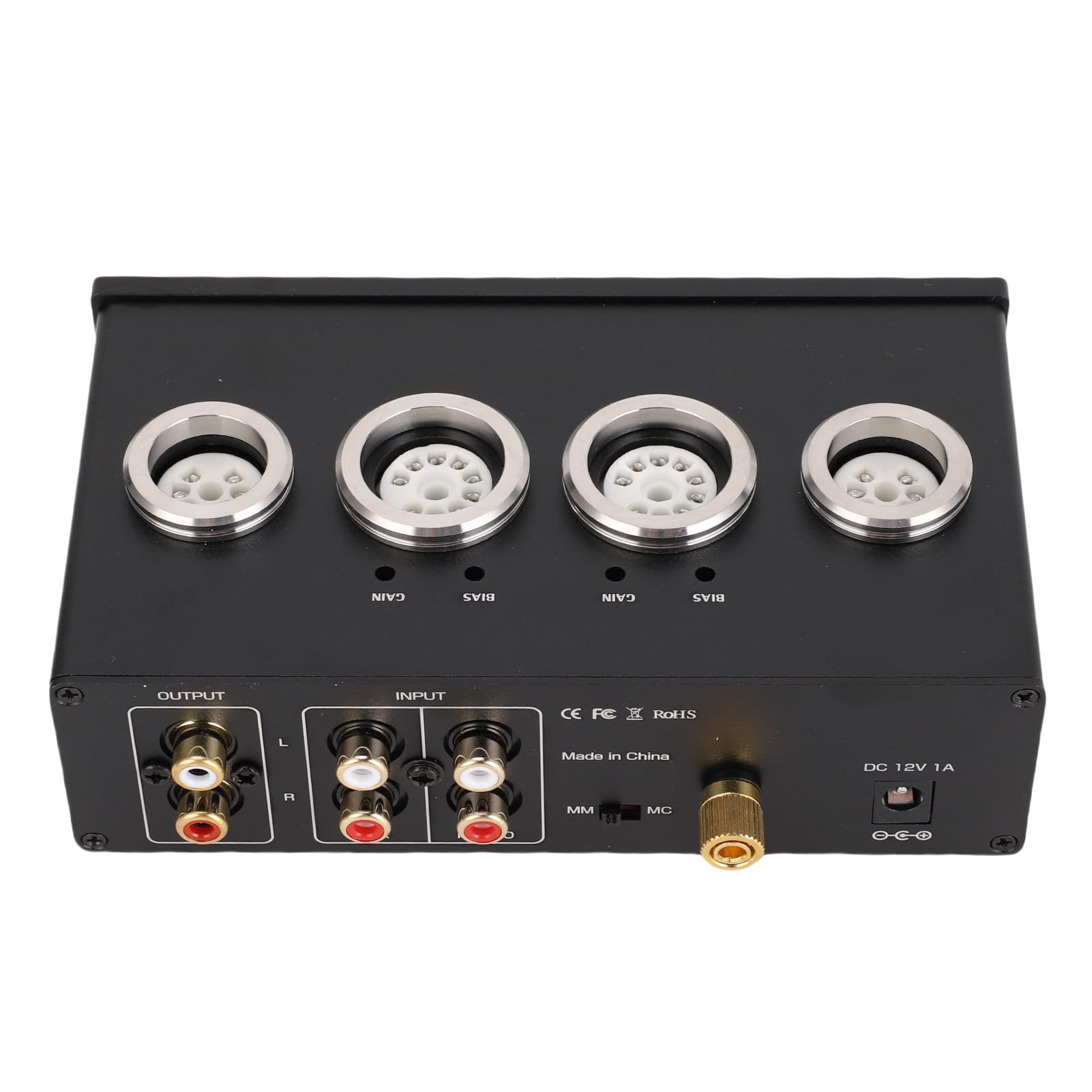 Preamplificatore Valvolare Preamplificatore Fono con Tubi 6E2 6A2 Mm MC Phono Ingresso AV Controllo Bassi Alti Jack per Cuffie da 3,5 Mm per Giradischi (Spina UE 100‑240 V)