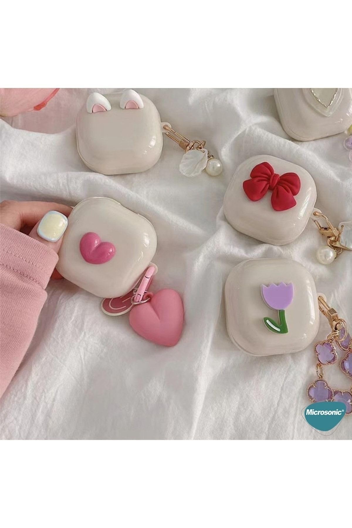 Samsung Galaxy Buds 2 ile uyumlu Kılıf - Bej Kalpli Kapak - Anahtarlıklı, Parlak Şık Koruma