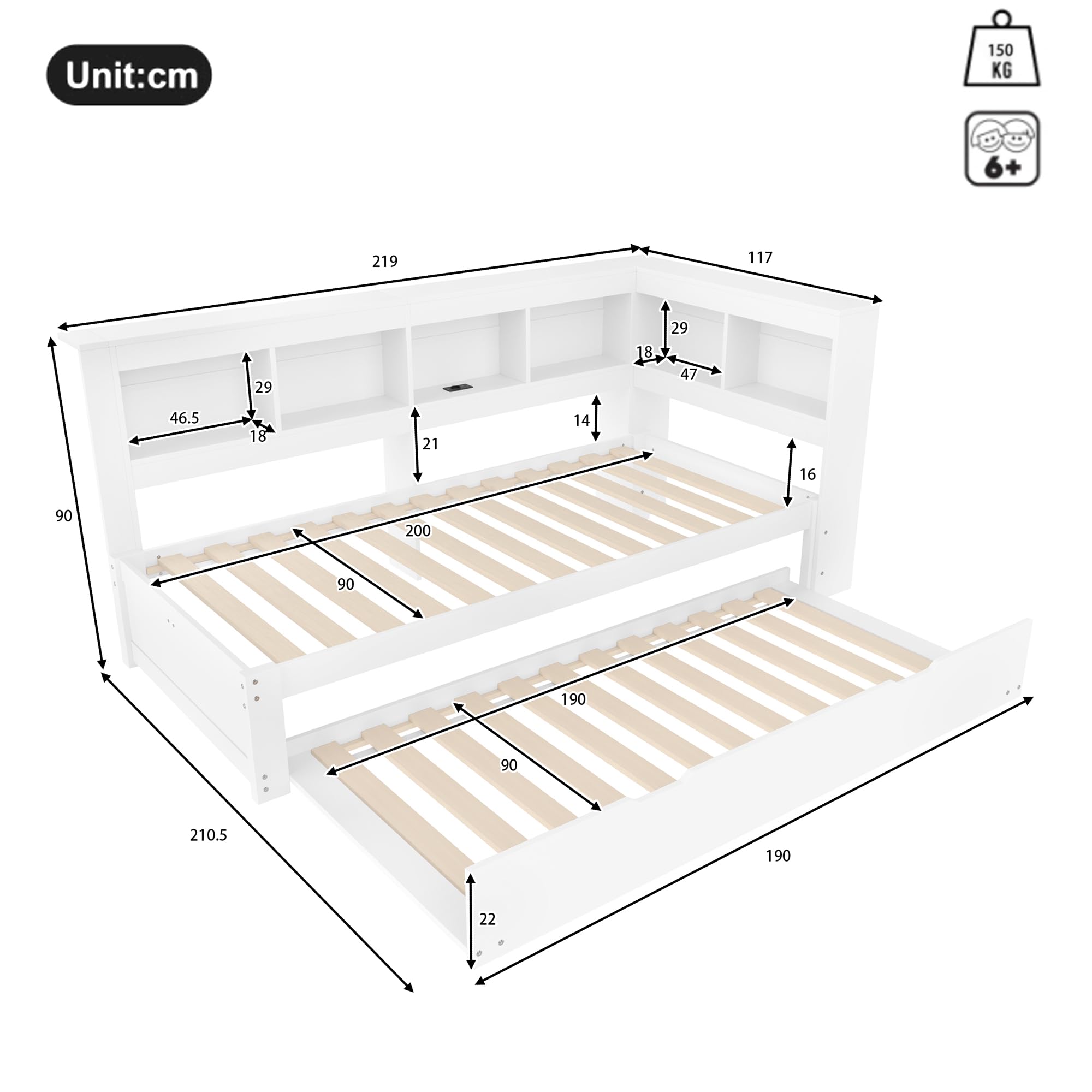 Idemon Letto da giorno con letto estraibile, 90 x 200 cm, divano letto con presa integrata e 2 porte USB, inclusa rete a doghe, letto per gli ospiti salvaspazio, bianco (senza materasso) (90 x 200 cm)