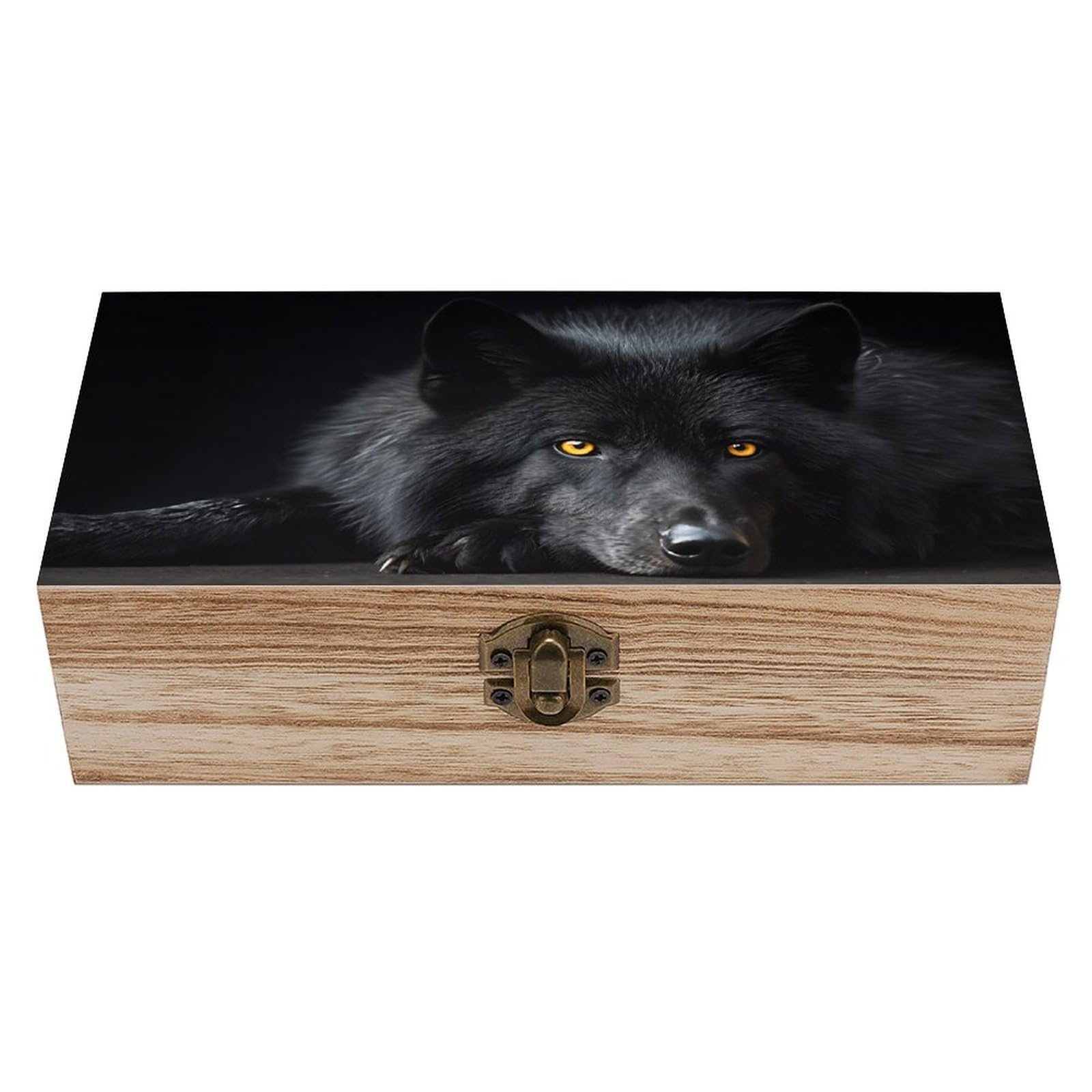 SMAZDFXX Black Wolf With Yellow Eyes Wooden Keepsake Box Vintage Solid Wood with Hinged Lid 7.9"×3.7"×2.3" Metal Latch Rustic Home Decor for Jewelry Photos And Trinkets