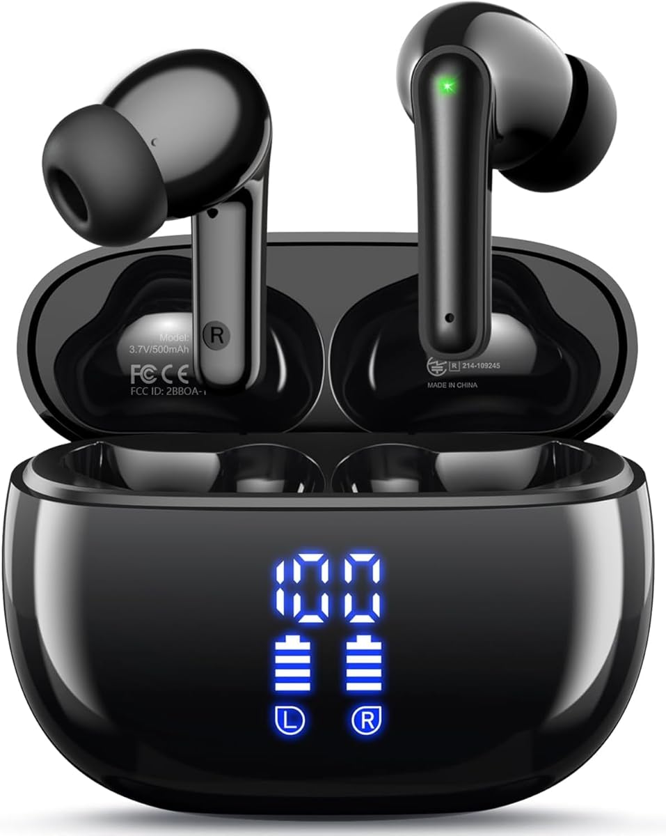 Wireless Earbuds Bluetooth Headphones, Ear Buds with Deep Bass, 40H Long Playtime, LED Power Display, IP7 in Ear Earphone with Mic for iPhone Android Phone Sports Workout, Black