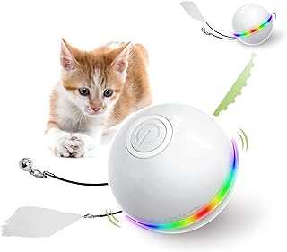 Interactive Cat Toy Ball with LED Light & Catnip,Ring Bell Feather Toy,Rolling Spinning Smart Pet Toys,Auto Rotating Intelligent Cat Ball Toy,USB Rechargeable Hunting Kitty Funny Chaser Roller (white)