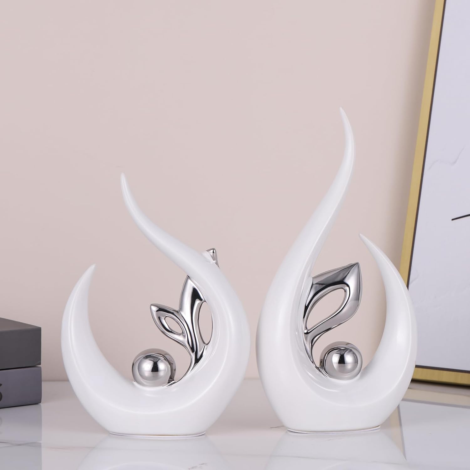 9.4" H White Silver Abstract Sculptures Home Decor, Ceramic Art Statue Cool Stuff to Put on Shelves&tv Stand Decor, Silver Accent Entertainment Center, for Fireplace Coffee Table Dining Table Decorate