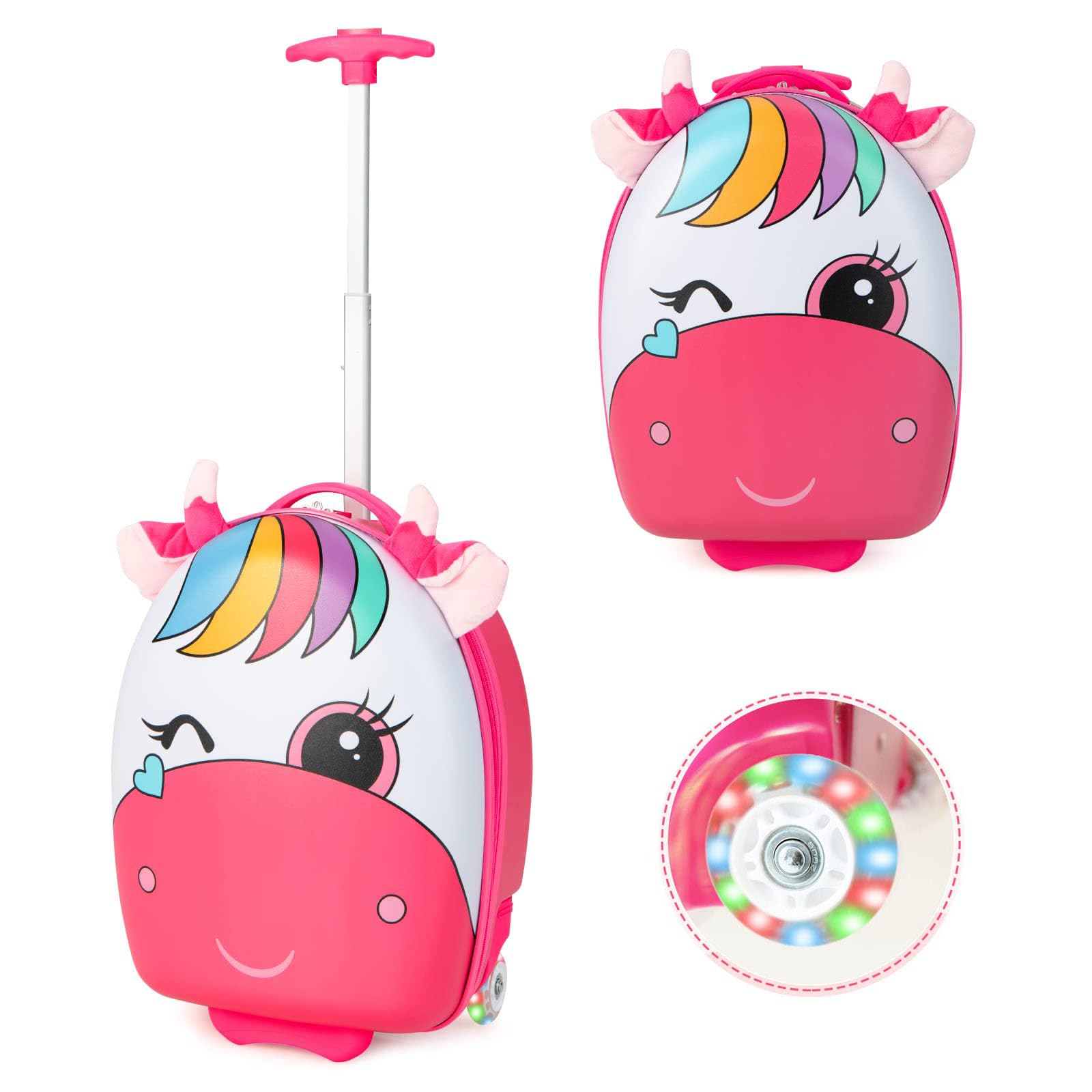 RELAX4LIFE Valigia Trolley 16'' per Bambini con Ruote Lampeggianti e Maniglia Retrattile a 2 Livelli, in Plastica ABS e PC, per Asilo Scuola e Viaggio, 33x22x68,5-83,5cm (cavallo rosa)