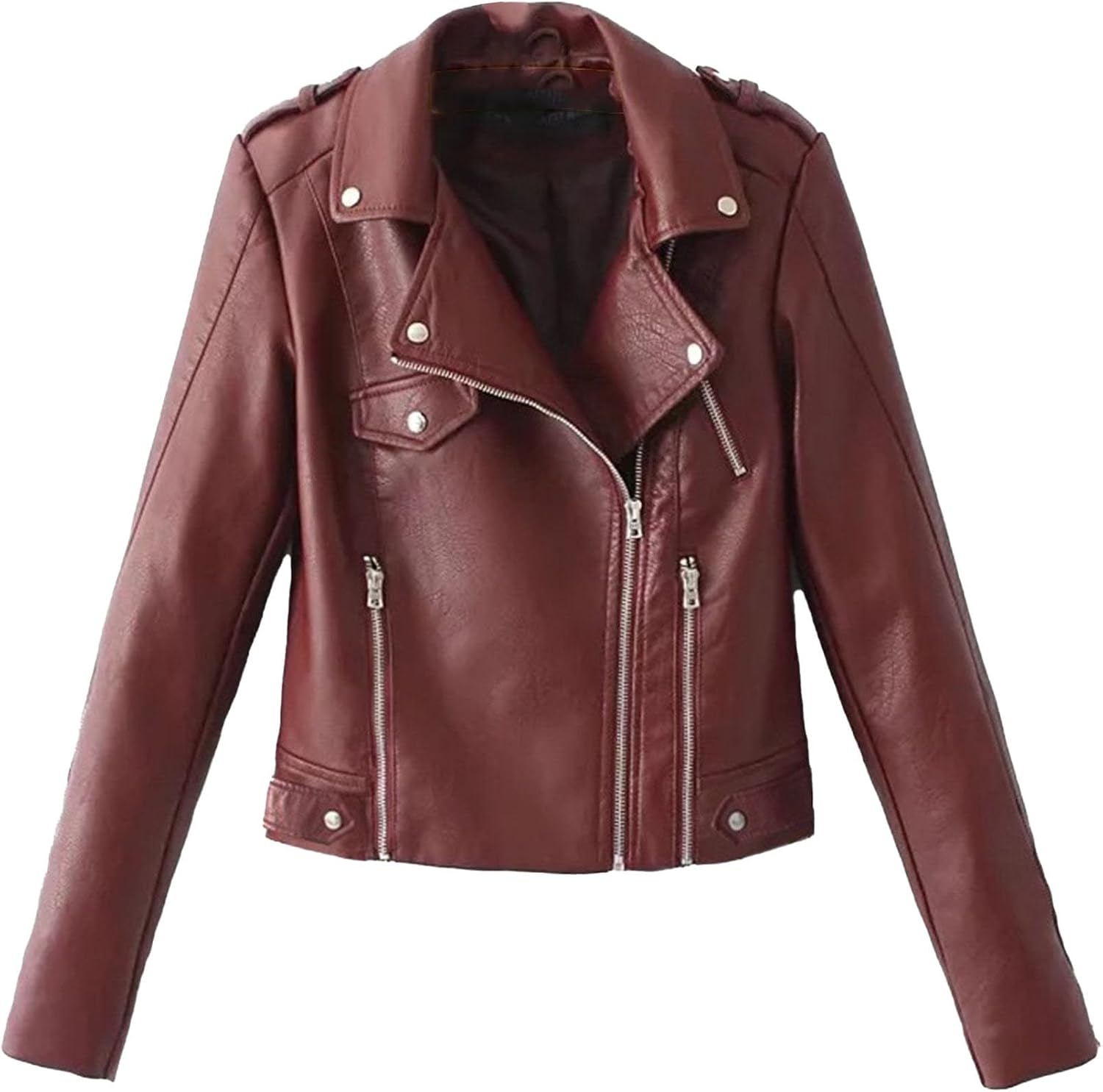 Women's Lightweight Faux Leather Coat Wing Collar Slim Fit Jacket Open Front Fashion Biker Coats