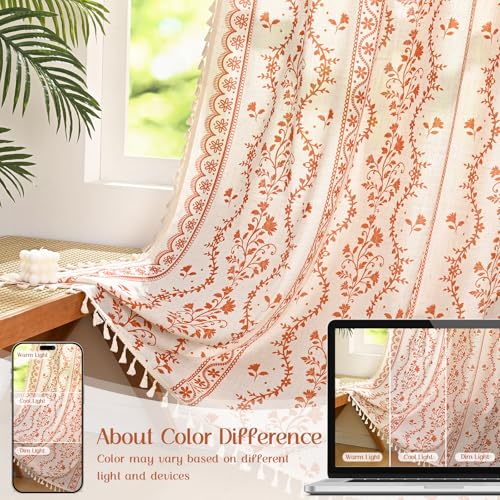 Image of Yinhua Boho Tie Up Curtains for Windows Vintage Linen Valance Light Filtering Floral Valance Rod Pocket Rustic Adjustable Tassel Window Valances for Bathroom, 42 inch W X 45 inch L, White Orange