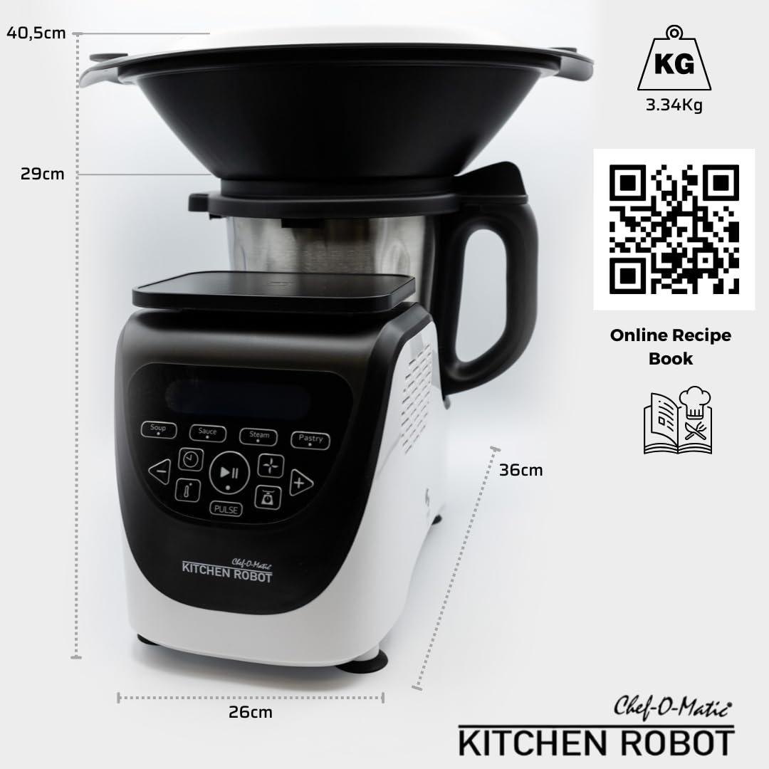 CHEF O MATIC Kitchen Robot, Robot de Cocina Multifunción, 1000w, 3L, 3500rpm, Múltiples accesorios, 10 velocidades, Pantalla Táctil LED, Recetario Digital