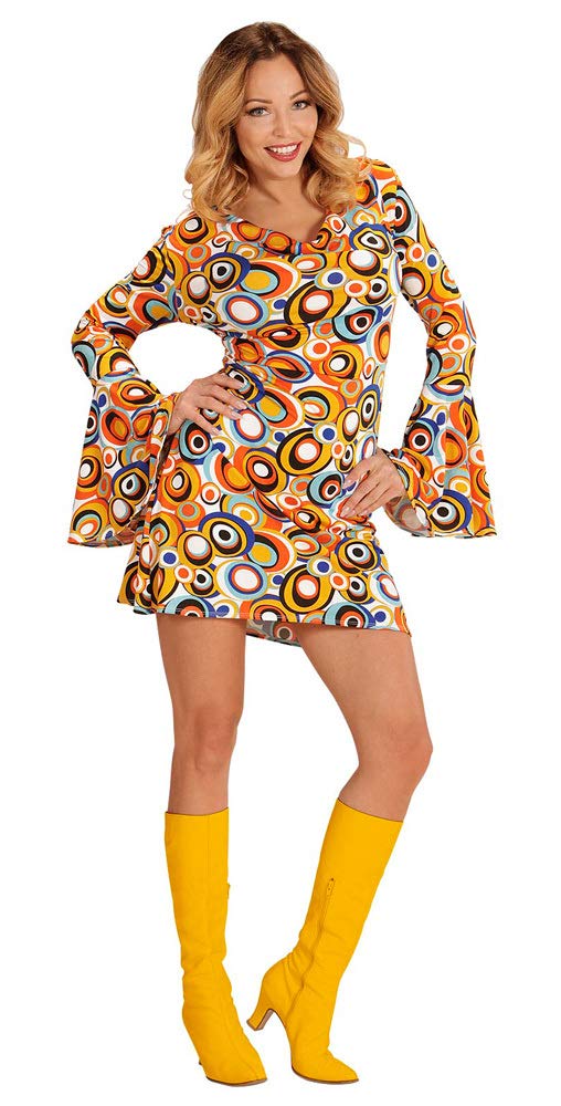 W WIDMANN MILANO Party Fashion - 70er Jahre Kleid für Damen, Kreismuster, mit Trompetenärmeln, Kostüm für Karneval, Festival, Mottoparty