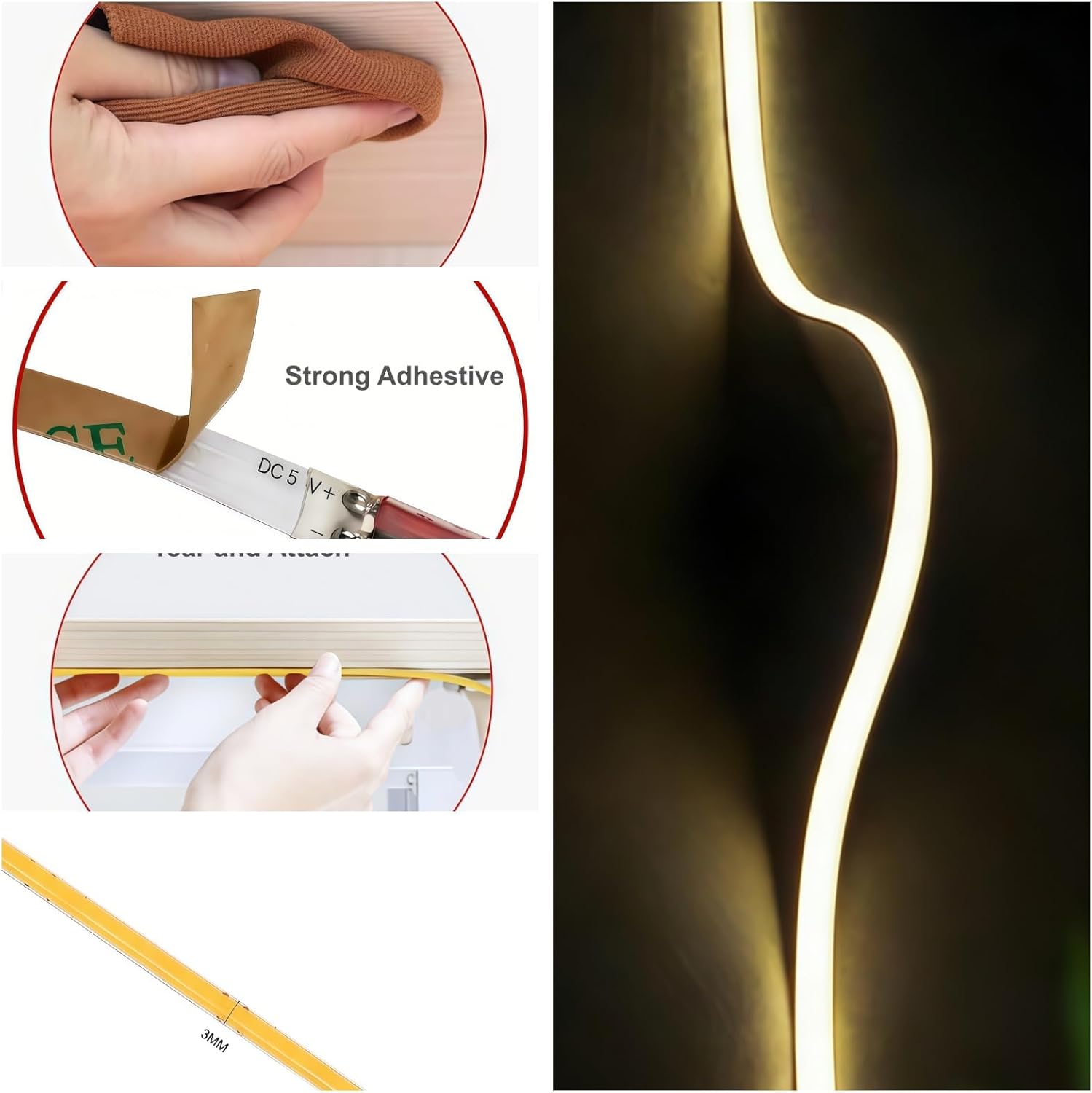 Ultra-Narrow 3mm USB COB LED Strip Lights Self-Adhesive, for Kitchen Cabinets, Bedroom, Gaming Desk (4000k Natural White, 3ft)