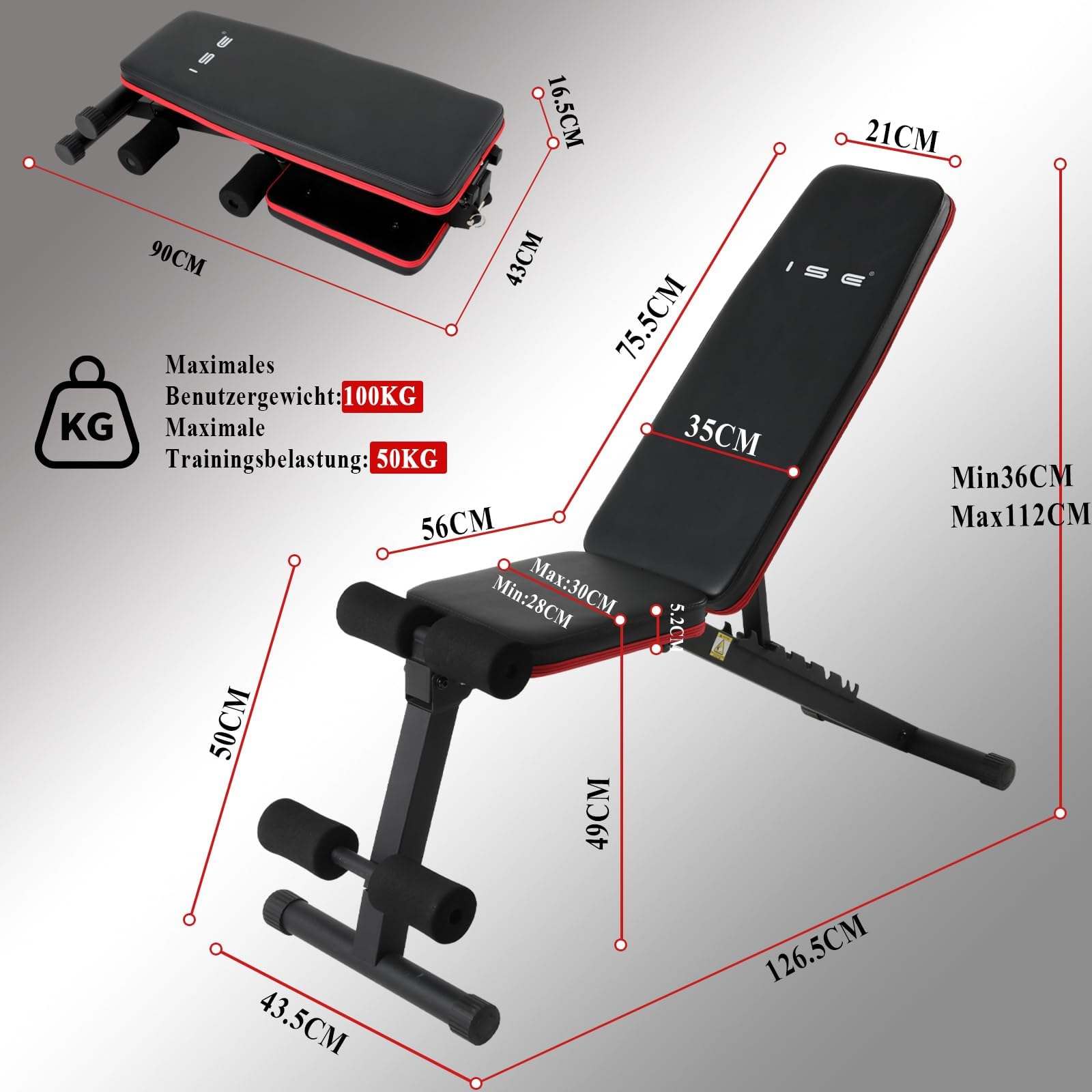 ISE Hantelbank Klappbar Verstellbar Multifunktions Schrägbank Trainingsbank Bauchmuskeltrainer mit 7-Fach Verstellbarer Rückenlehne für Ganzkörper-workout Bauchtrainer für zuhause,Sit Up Bank 5902