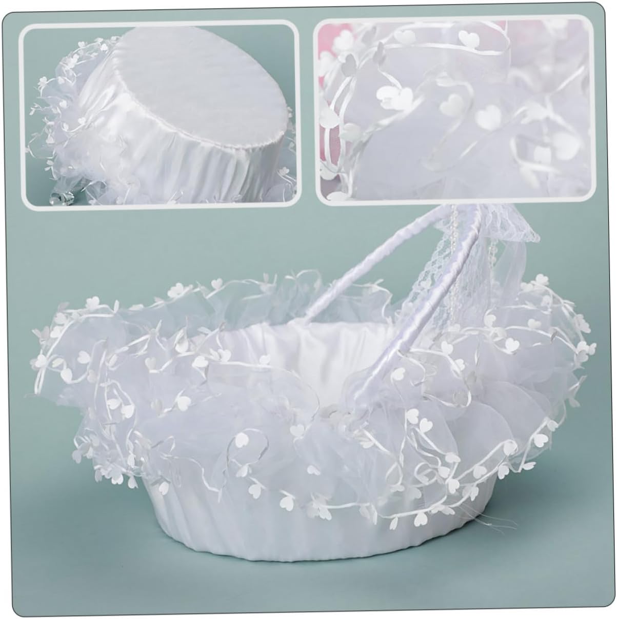 Lace Wedding Basket with White Bow, Portable Flower Girl Basket for Ceremony, Heart-shaped Handle Flower Holder for Wedding Supplies and Photography Props