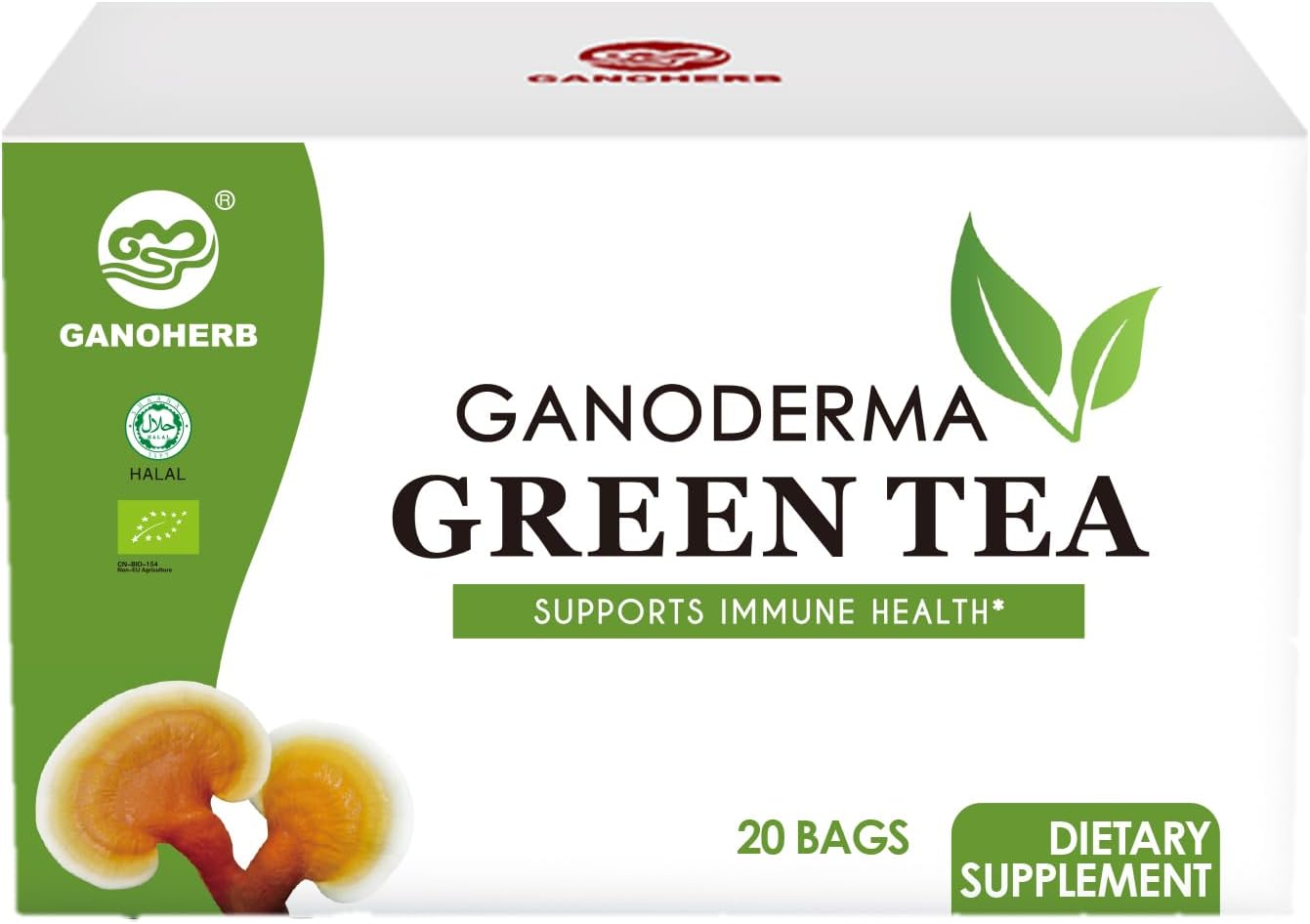 GANOHERB Reishi Mushroom Green Tea Bags - Instant Herbal Tea with Ganoderma Lucidum -Boost Immune System & Stress Relief & Full Energy-Vegan, No Sugar, 0.07 Ounce (20 count)