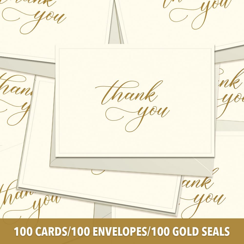Designer Greetings Bulk Blank Thank-You Cards for Any Occasion, Beige and Gold Foil Embossed Script (100 Foil-Embossed Thank-You Notes, Seals and Envelopes) – Perfect for Business, Graduation, Baby - Image 3