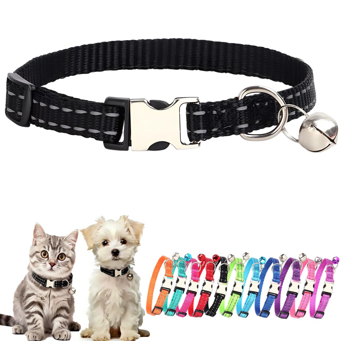 Black Extra Small Dog Collar With Bell, Reflective Puppy Collar Metal Buckle Cat Collar With Bells Adjustable For XXS XS Tiny Little Breed Dogs Kitten Boys Girls Male Pets Like Chihuahua, X-Small