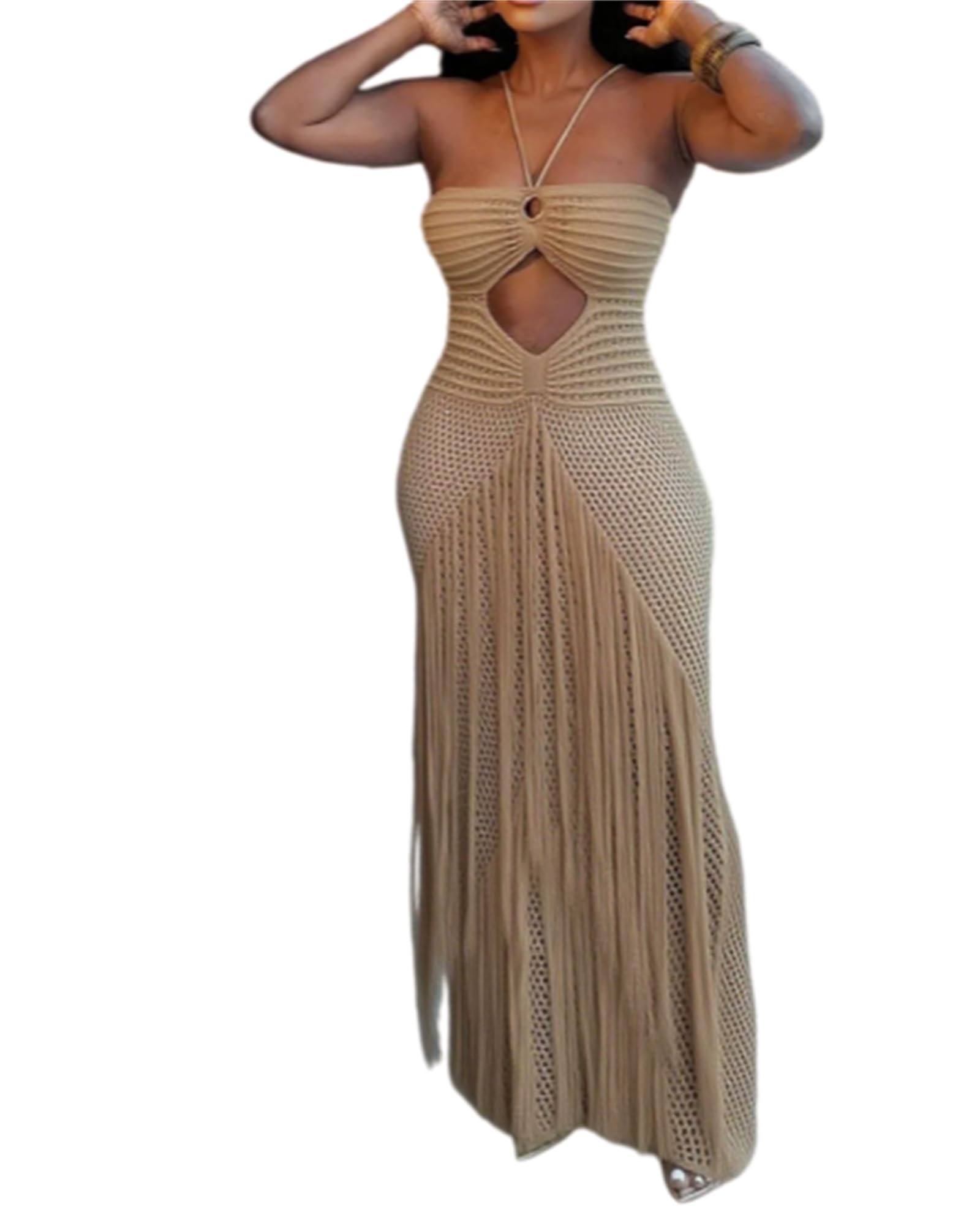 Stylowy strój kąpielowy z wiązaniem na szyi sukienka Hollow Out Halter wycięcie sznurowane bez pleców boho frędzle maxi okrycie bikini wakacje