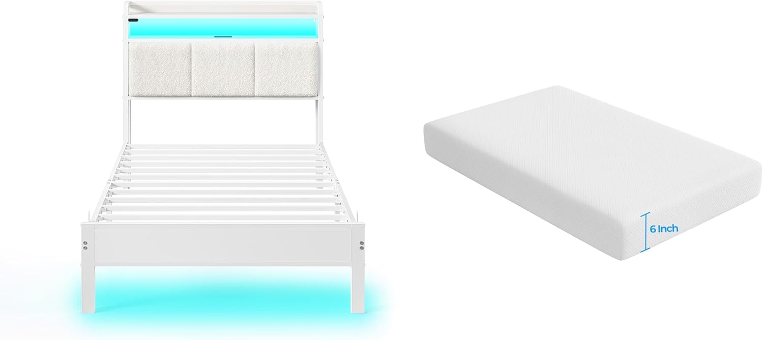 Rolanstar Twin Bed Frame with LED Lights & Storage Headboard
