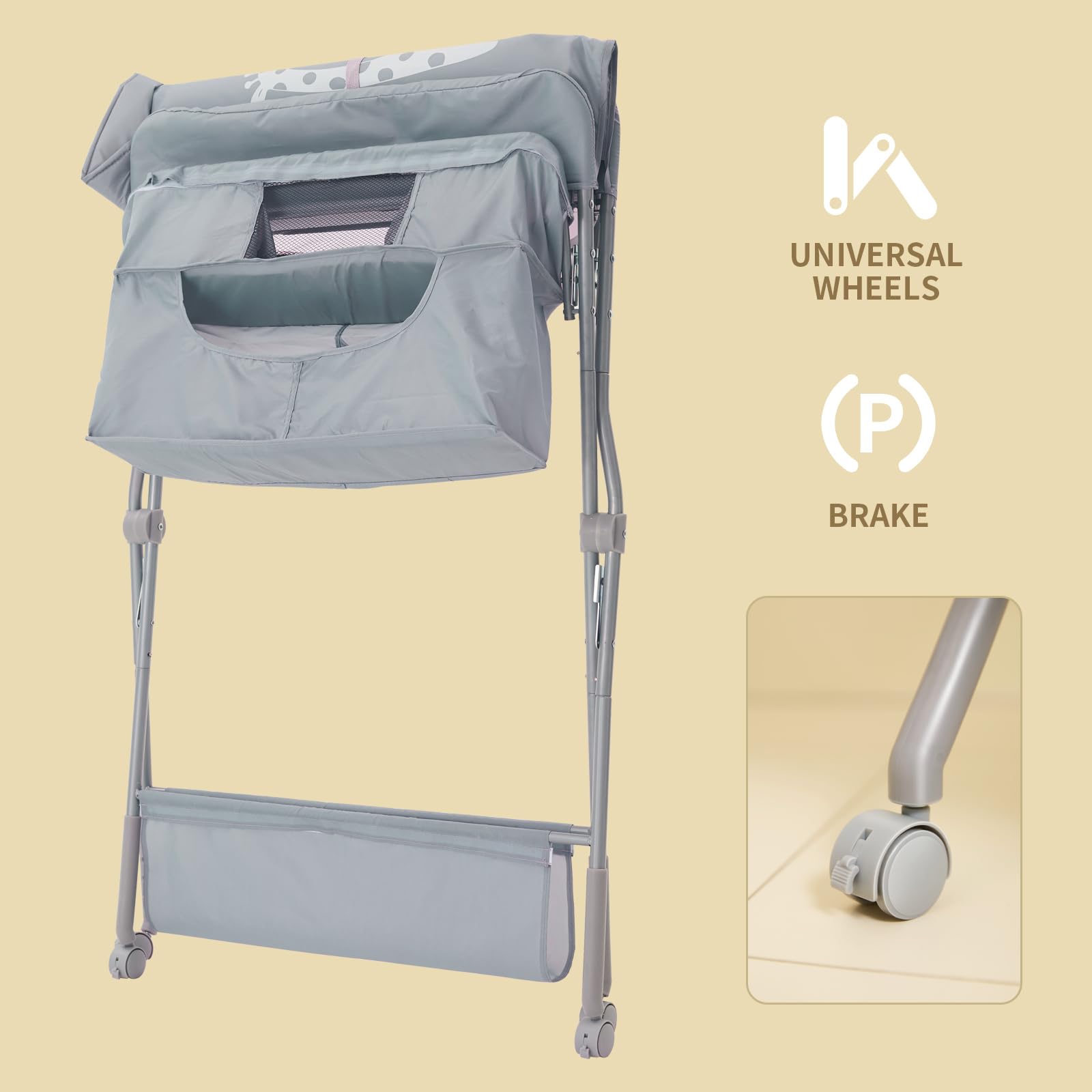 KARAOK Cambiador plegable para bebé con ruedas, estación portátil para cambiar pañales con bolsa de almacenamiento grande y altura ajustable de 4 niveles para recién nacidos, bebés