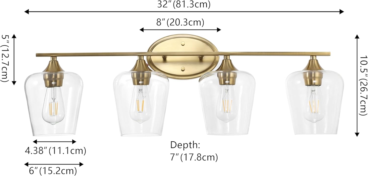 JONATHAN Y 32" Brass Gold 4-Light Farmhouse Rustic LED Vanity Light Sconce, Clear Glass Shade, Vintage Indoor Fixture for Bathroom Mirror, LED Bulb Included (JYL7548B)