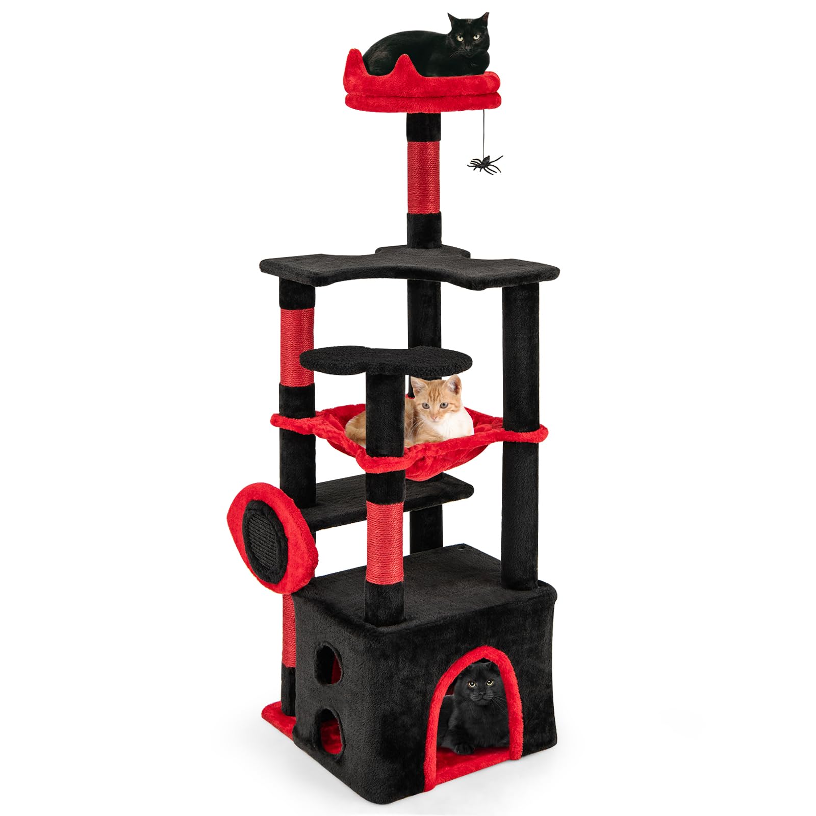 COSTWAY Gothic Cat Tree, 133cm Tall Cat Climbing Tower with Plush Perch, Platforms, Hammock, Condo, Spider Dangling Toy, Scratching Posts & Board, Indoor Multi-Level Kitten Activity Center, Halloween