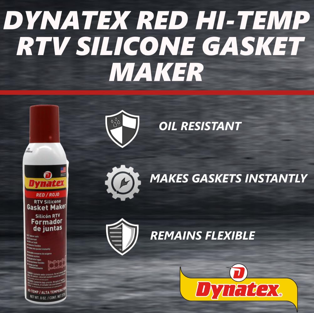 Dynatex Red Hi-Temp RTV Silicone Gasket Maker 8 oz Automatic Can - Oxygen Sensor Safe, OEM Specs, 650°F Hi-Temp, Oil/Water Resistant, Made in the USA (2-Pack)