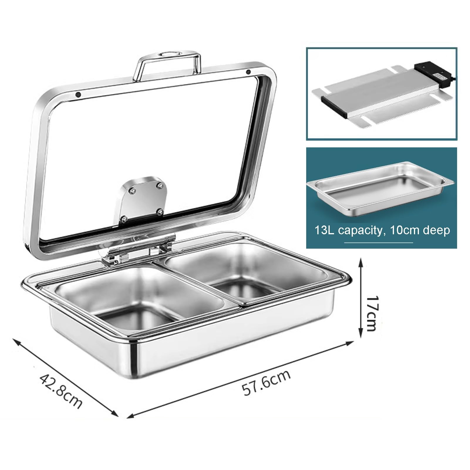 Scaldavivande Buffet, Set Per Buffet Scaldavivande E Coperchio In Vetro Trasparente, Pentola Riscaldante Rettangolare Per Hotel Matrimoni(13L-B)