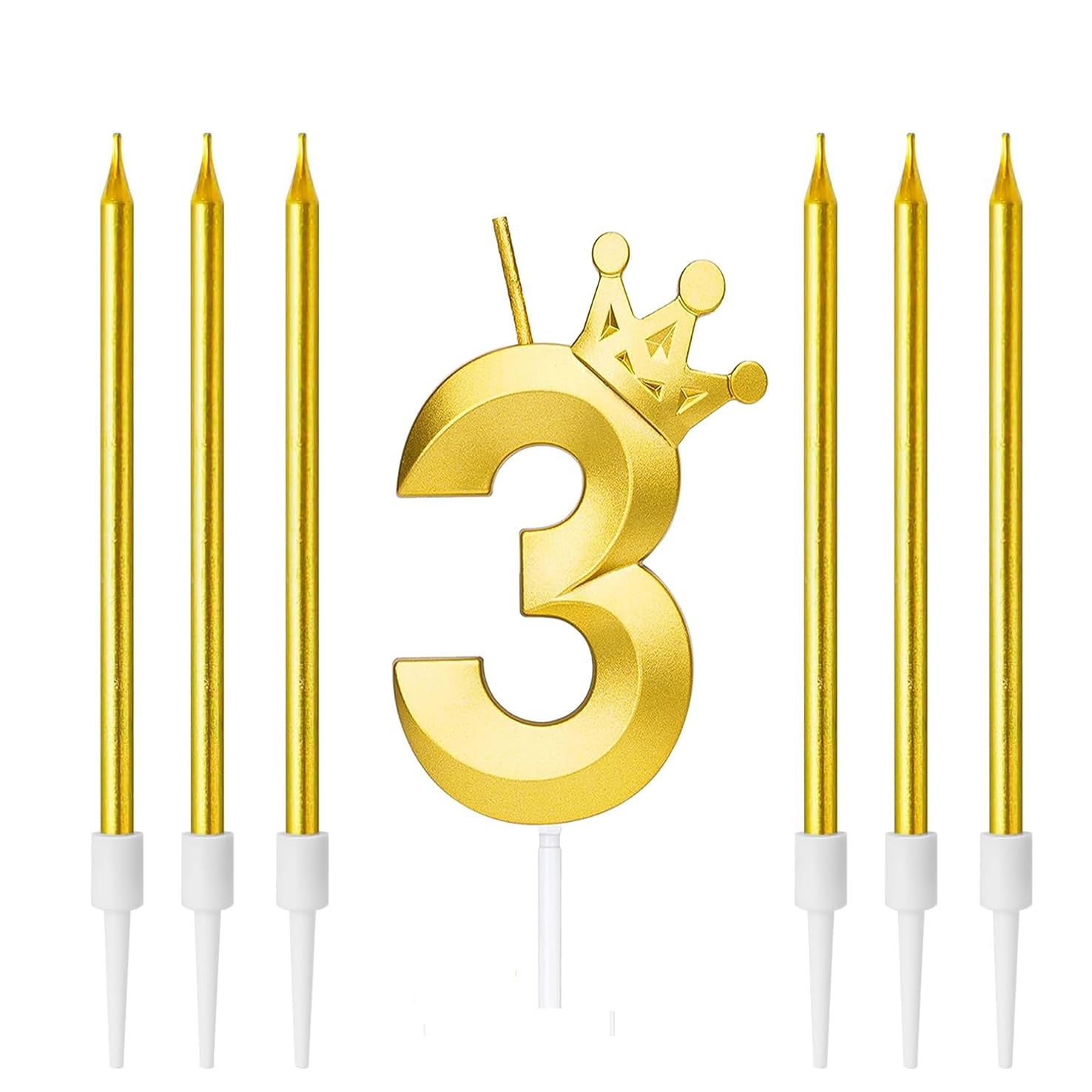 Zwenjuan Gold Number 3 Candle,Glitter Birthday Cake Candles Shining Numeral Candles Cake Topper Decoration And 6 Pieces Cake Candles With Holders For Birthday Party Wedding Cake Decorations(Gold)