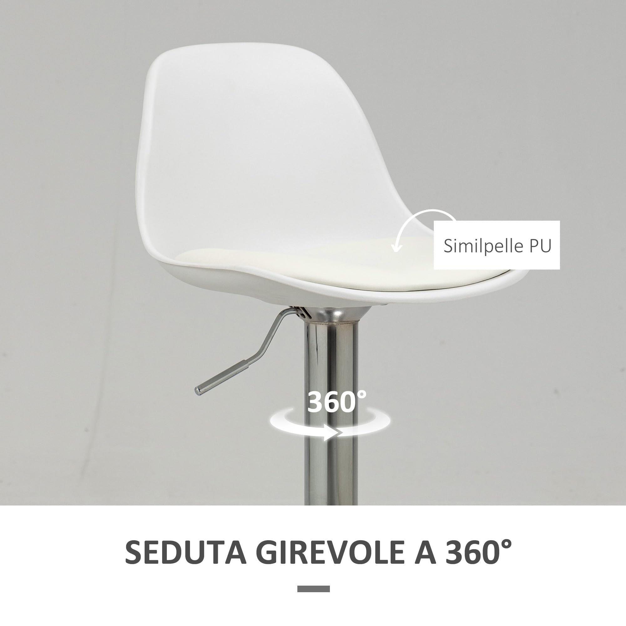 HOMCOM Set 2 Sgabelli Bar con Altezza Regolabile con Schienale Bianco | Sedie Bar Alte in PU, con Schienale, Poggiapiedi e Seduta Morbida, Struttura in Acciaio, Girevoli a 360°, per Penisola