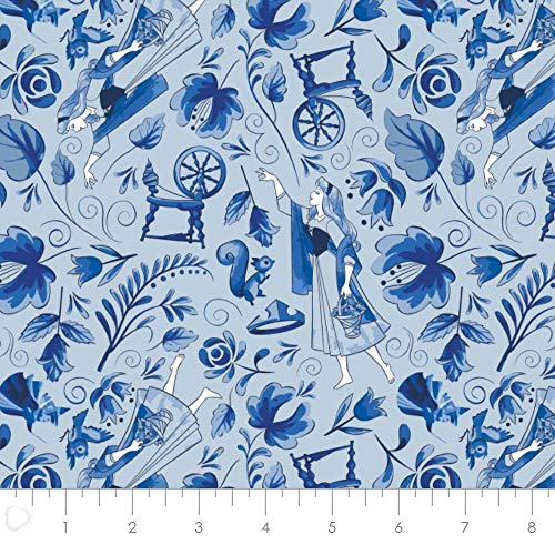 Premium Light Blue Cotton Fabric Featuring Sleeping Beauty - Aurora Elements Toss Design, Perfect for Creative Projects and Sewing Enthusiasts