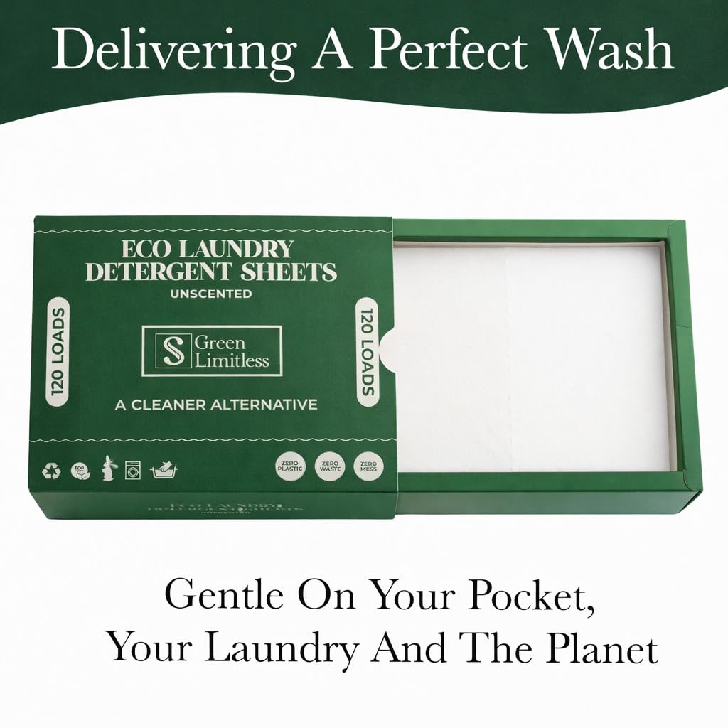 Green Limitless Eco Laundry Detergent 120 Sheets (Loads) Unscented. All the benefits of a liquid detergent, washing powder, or washing pods without any of the drawbacks.