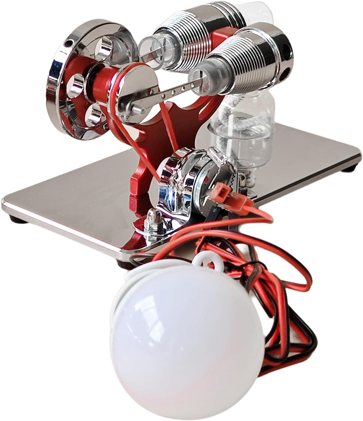 Hot Air Stirling Engine Electricity Generator Motor Model with LED Bulb Flywheel Design CNC Aluminum Alloy Base Science Experiment DIY Education Toy for Teacher Adults Kids School Office Decor