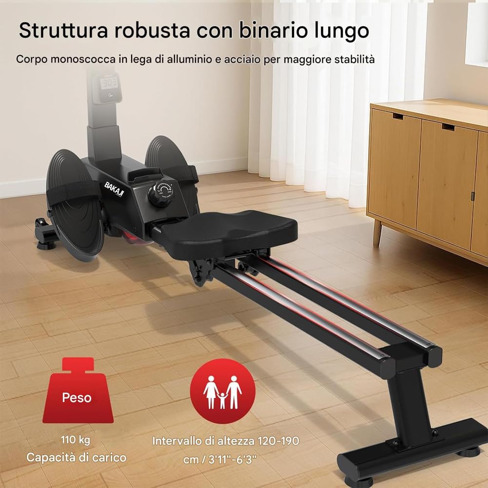 BAKAJI Vogatore Pieghevole con 8 Livelli di Resistenza e Sistema di Chiusura Salvaspazio e Spostamento con Rotelle Ergonomiche, Rematore Silenzioso da Palestra Fitness Home Gym per Cardio
