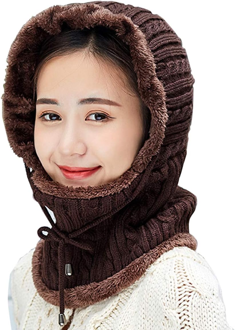 Women Winter Beanie Hats One-Piece Fleece Lined Knit Balaclavas Mask Set Skull Neck Circle Scarf Ski Snow Hat Cap with Pompom