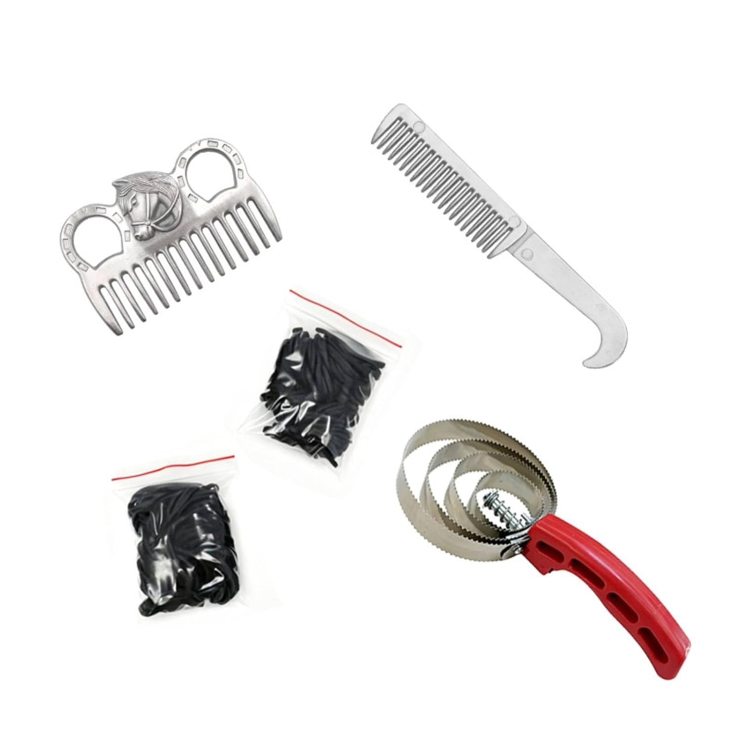 5 Pieces Horse Grooming Kit with Sweat Fine-Toothed Horse Comb Set with Hair Bands Metal for Riders, Barn, Stable