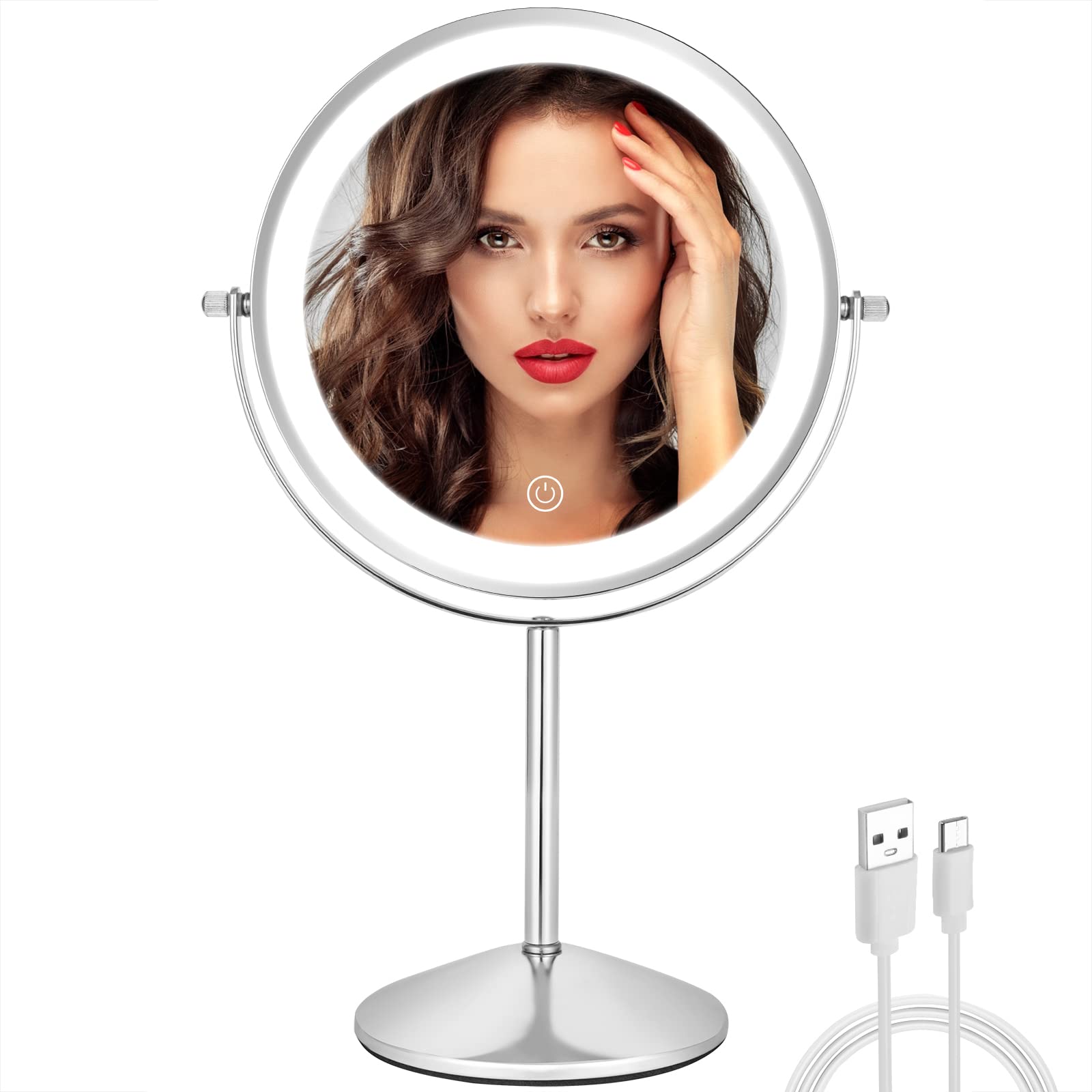 Espejo de maquillaje con luces y aumento, brillo ajustable de 8 pulgadas, aumento 1X/10X, rotación LED de 360°, espejo de tocador para mujer
