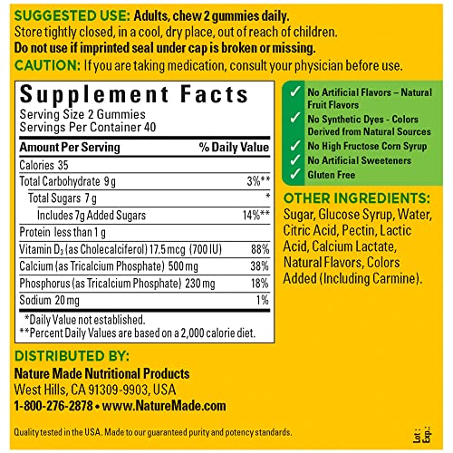 Nature Made Calcium Gummies 500 Mg Per Serving With Vitamin D3, Dietary Supplement For Bone Support, 80 Gummies, 40 Day Supply #TOP5