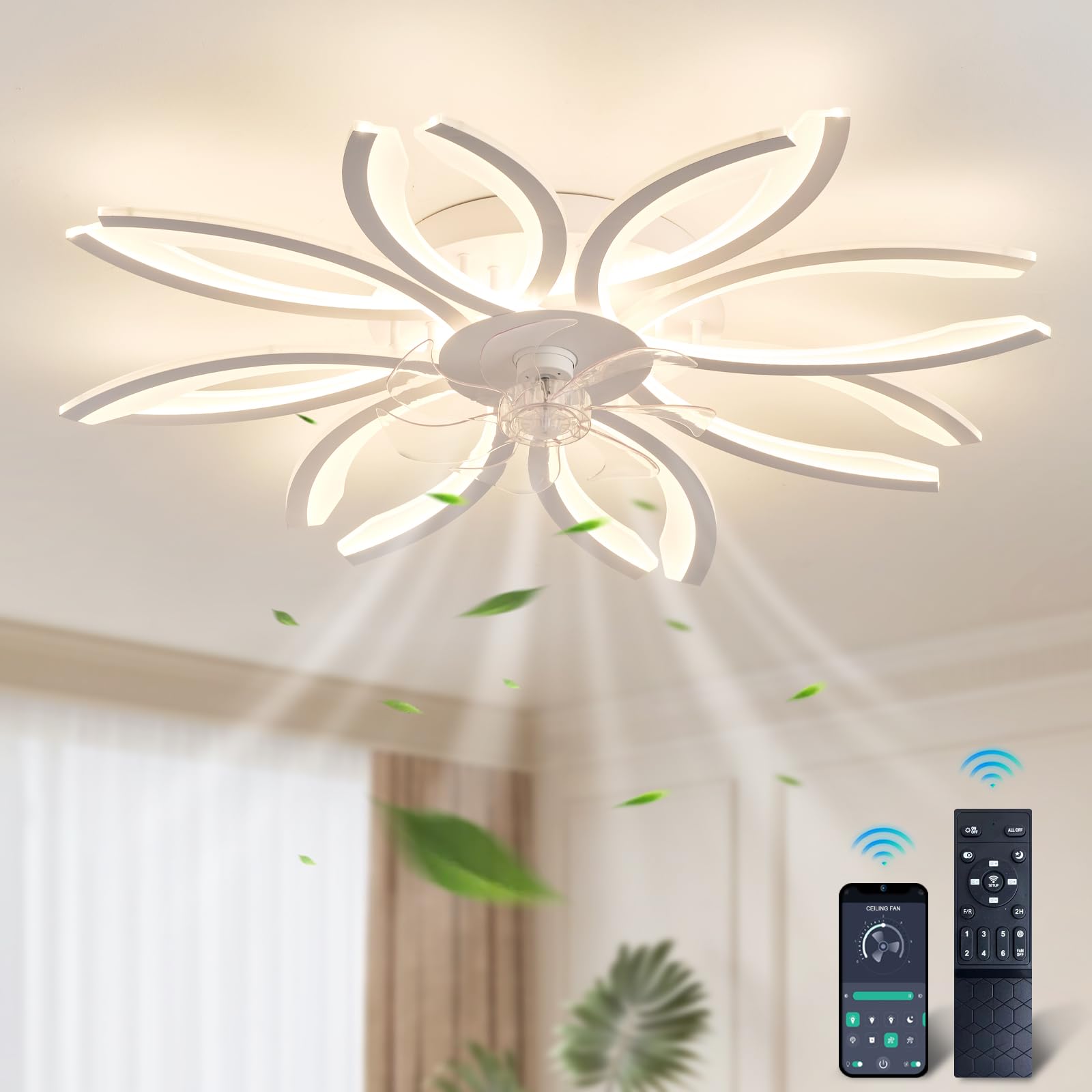 YFouCnd I 43.1" Modern Ceiling Fans with Lights and Remote, LED Dimmable Silent Ceiling Fan Light, Memory Function and Reversible 6 Speeds Timer Ceiling Fans with Lamps for Bedroom Living Room-White
