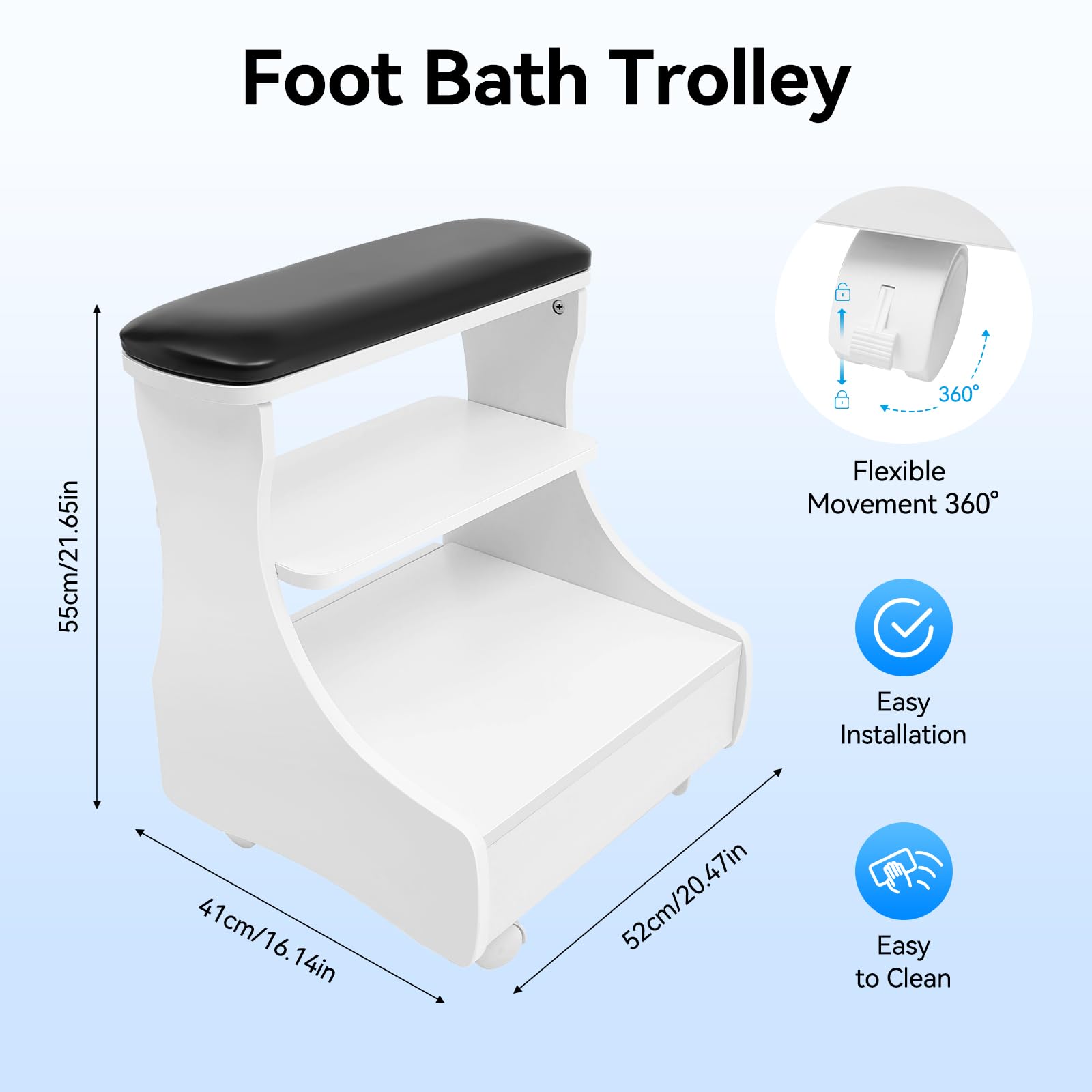 Taburete pedicuro, taburete con reposapiés, mueble rodante para cuidado de los pies, con bandeja y almacenamiento, ideal para salón de belleza y uso doméstico profesional (Lanza, Negro)