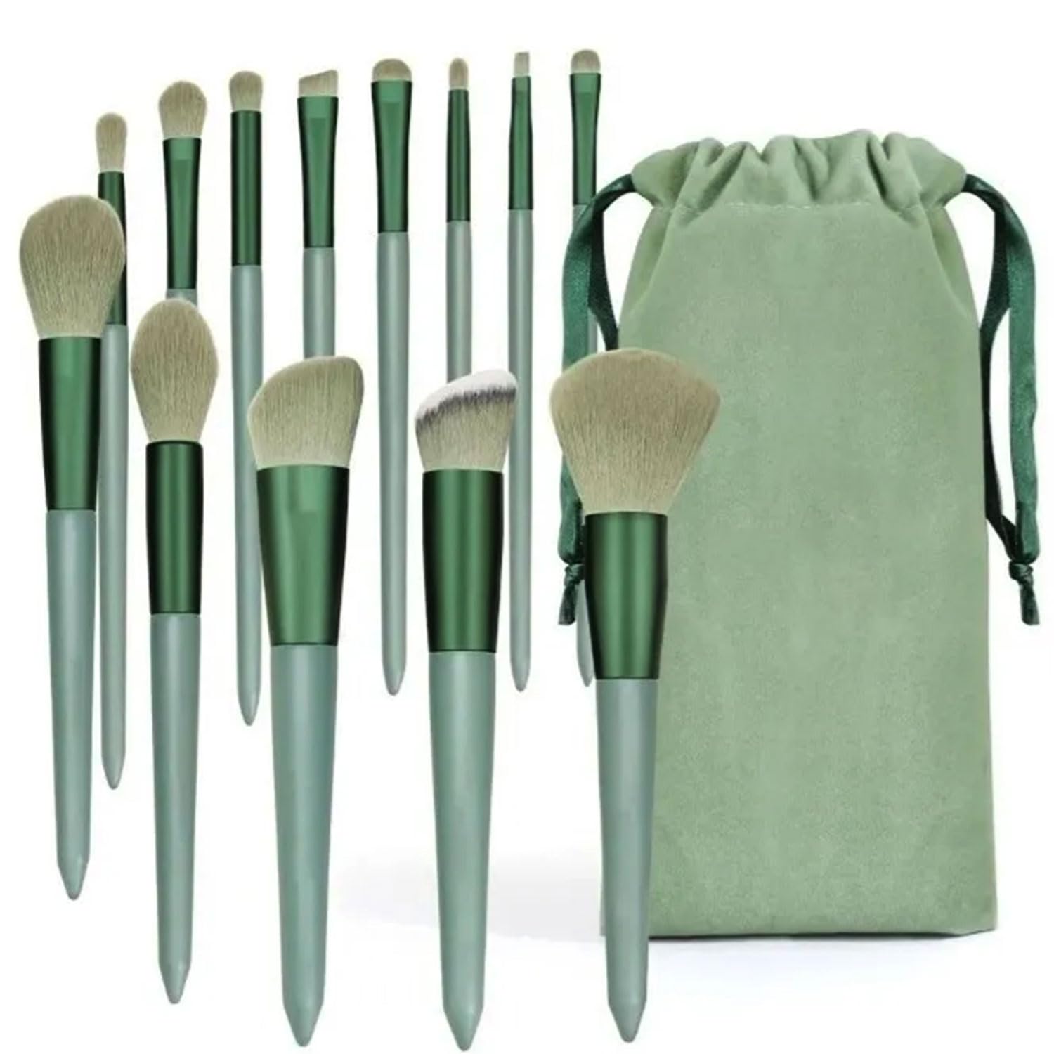 Green Kabuki Brush Set 13 Premium Synthetic Makeup