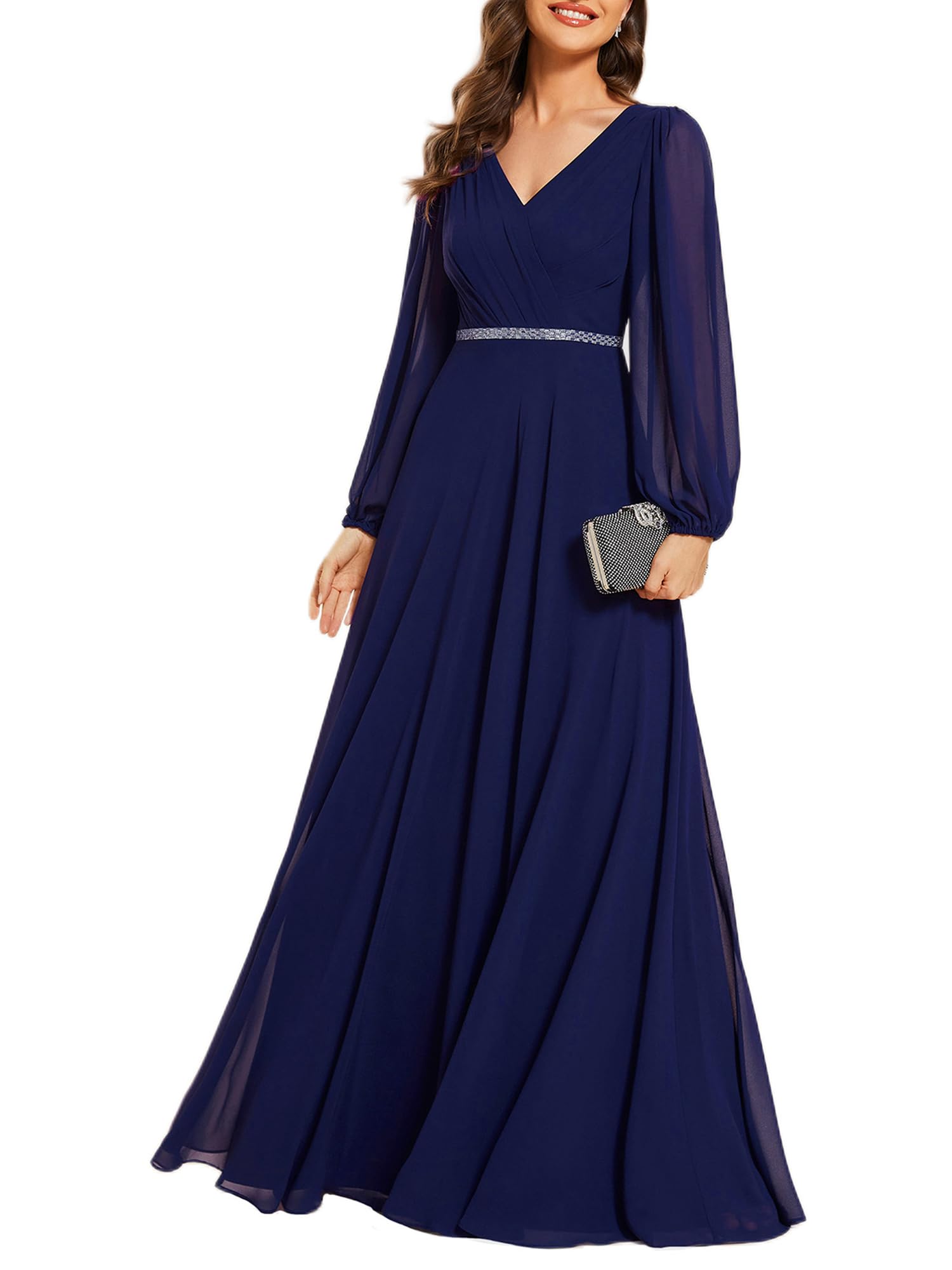 Ever-Pretty Jurk, EP00461-P, voor moeder van de bruid, grote maat, dames, lange mouwen, V-hals, chiffon, applicatie, geplooid, 34