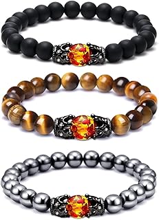 اساور حماية للرجال من سوووت 3 قطع- مرصعة بحجر كريستال بتصميم عين نمر مقاس 8 ملم مجموعة مغناطيسية معالجة حجر الدم لطقوس شاكرا التاج الهيماتايت