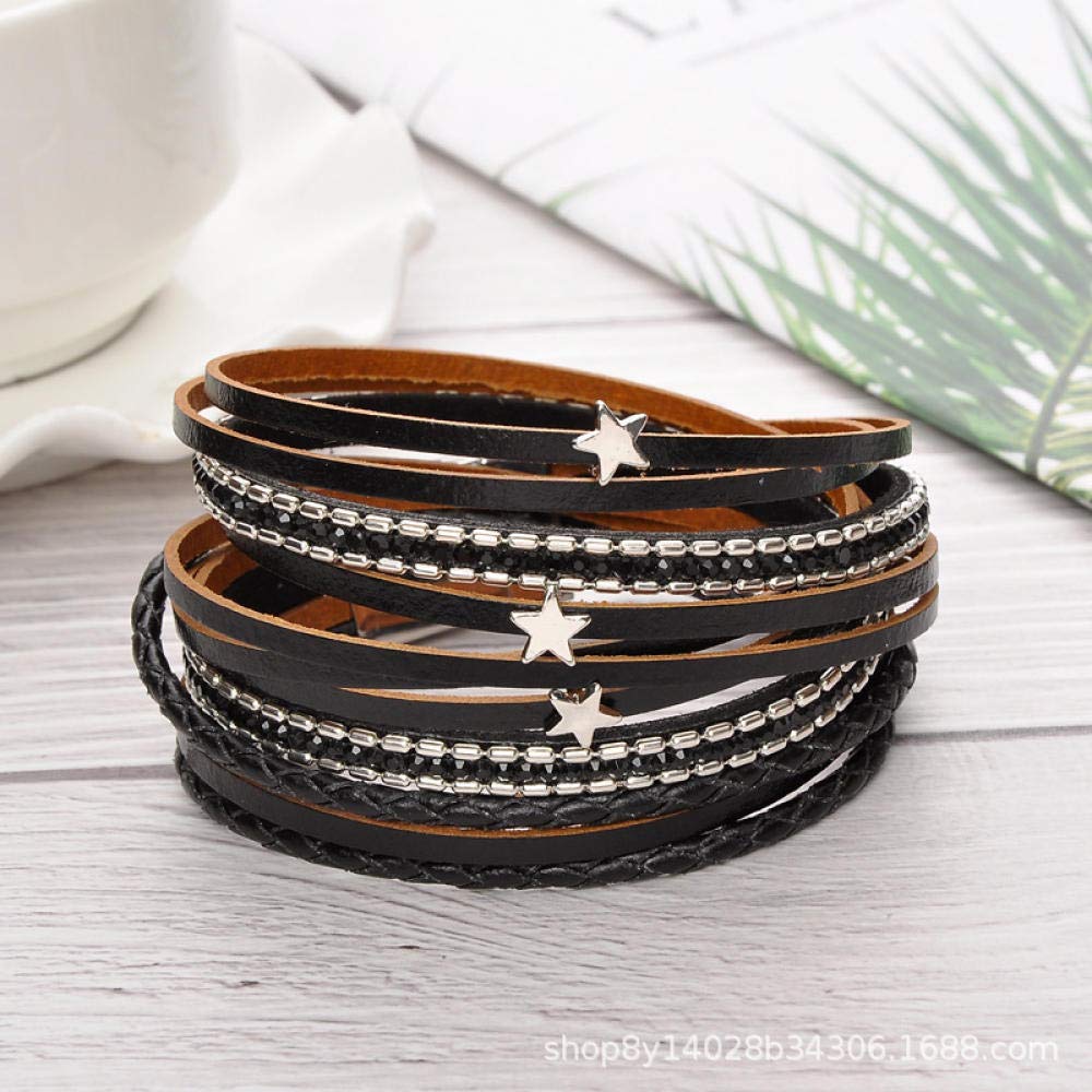 Lederarmband für Frauen, mehrschichtige Vintage Lederarmband Schwarz Bohemian Leder Surround Stars verschönerte Magnetschnalle Damen Mode Armband Personalisierte Kleidung Accessoires Schmuck Schmuck