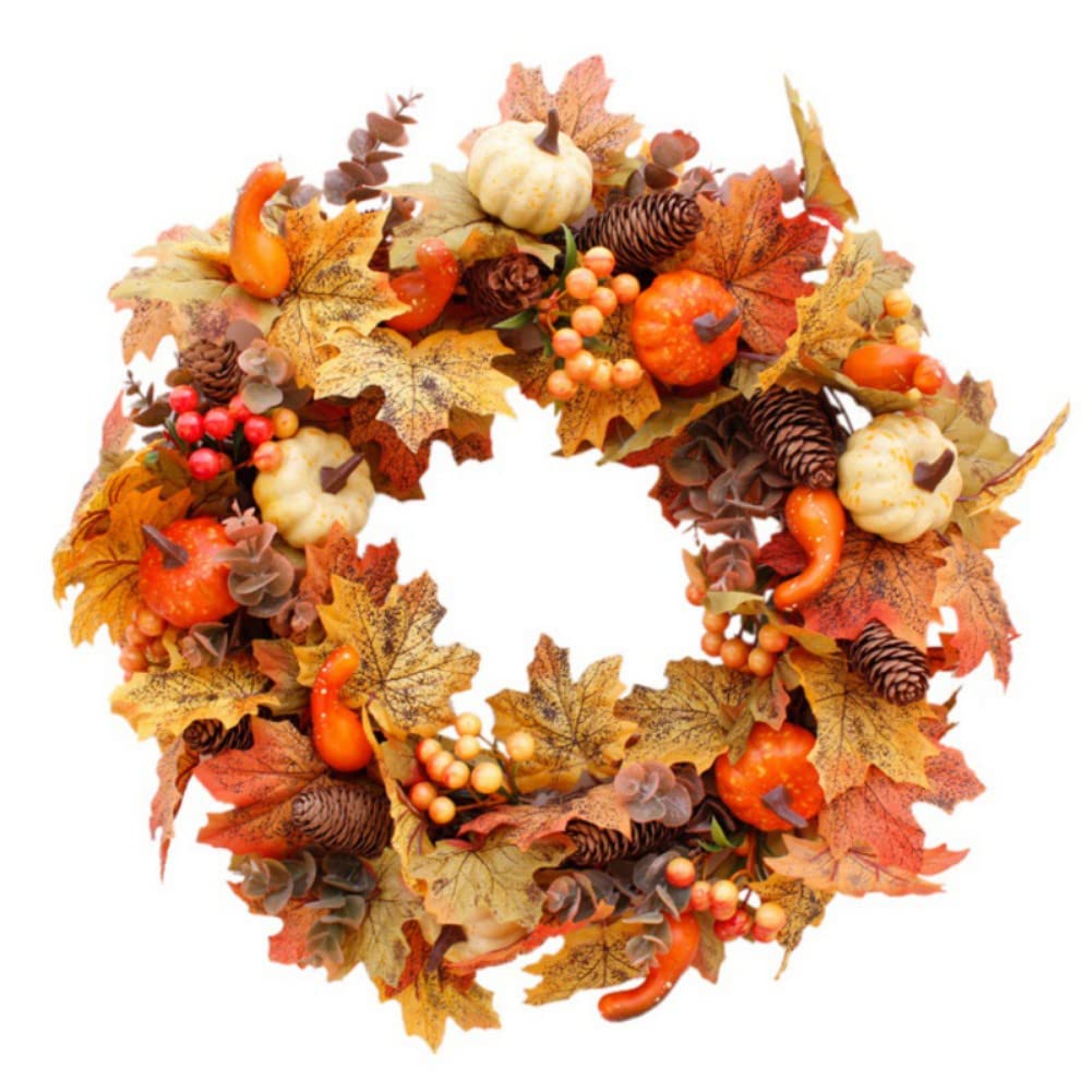 Mrinb Autumn Wreath-B Autumn Wreath Artificial Wreath Garland Rattan Frame With Pumpkin, Berries, Pine Cone And Maple Leaves Halloween Thanksgiving Autumn Holiday Decorations