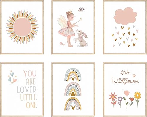 FSZSEES Juego de 6 impresiones artísticas de pared para habitación de niñas, decoración de pared de guardería, estampado bohemio, sol, arco iris,