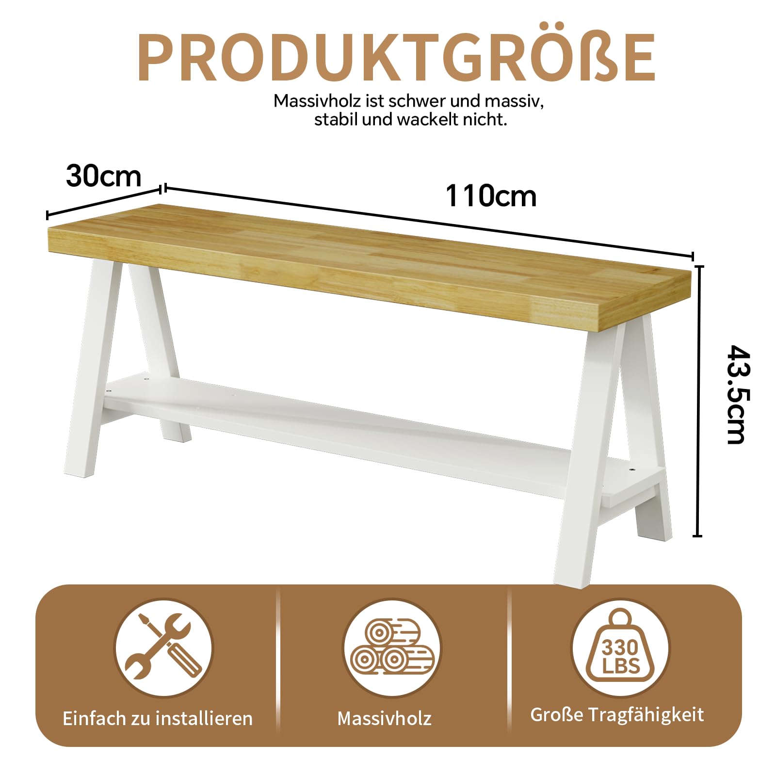 Rustikale Holzbank 110cm, Bettbank mit Stauraum, Massivholz Flurbank, Schuhbank Eingangsbereich, Esszimmerbank, Küchenbank, Balkonbank, Outdoor Bank, Wohnzimmer, Flur, Haustür