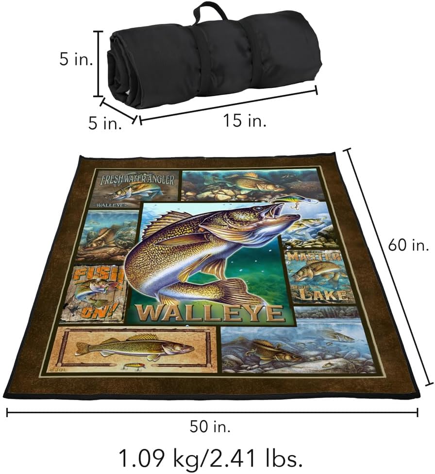LOGOVISION JQ Licensing Picnic Outdoor Blanket, 50"x60" Walleye Fishing, Foldable Blanket for Picnic, Beach, Camping, Park, Tailgate