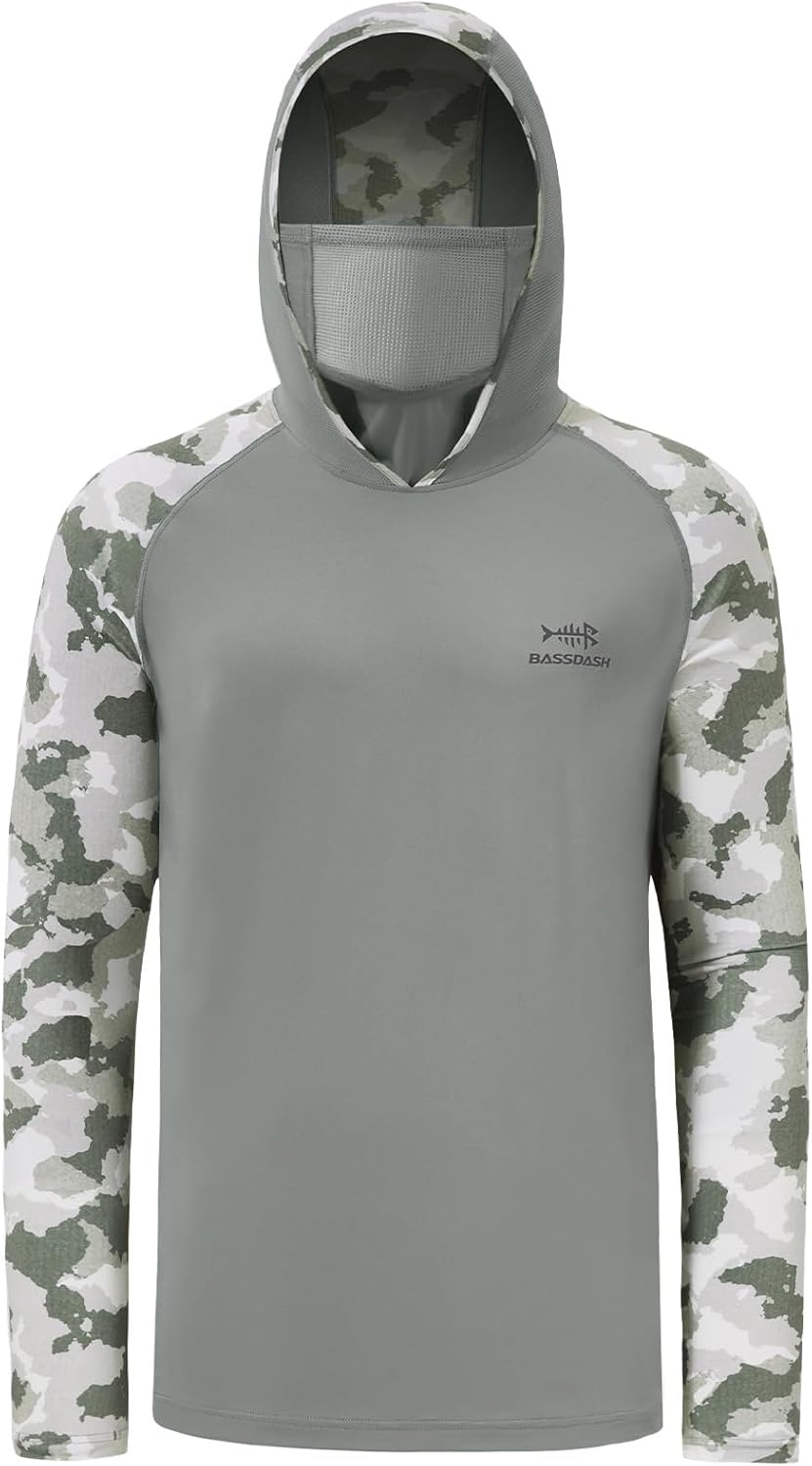 BASSDASH Men's UPF 50+ Camo Hoodie Shirt with Mask Long Sleeve Sun Protection Neck Gaiter Hooded Tee for Fishing Hiking