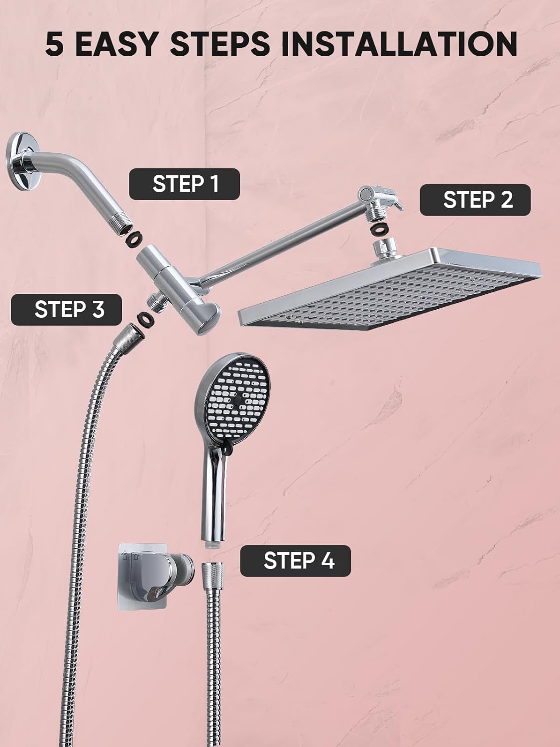 Cobbe 11.8 Inch Rain Shower Head with 6 Modes Handheld Water Spray，High Pressure Showerhead Combo with 11 Inch Adjustable Extension Arm, Chrome