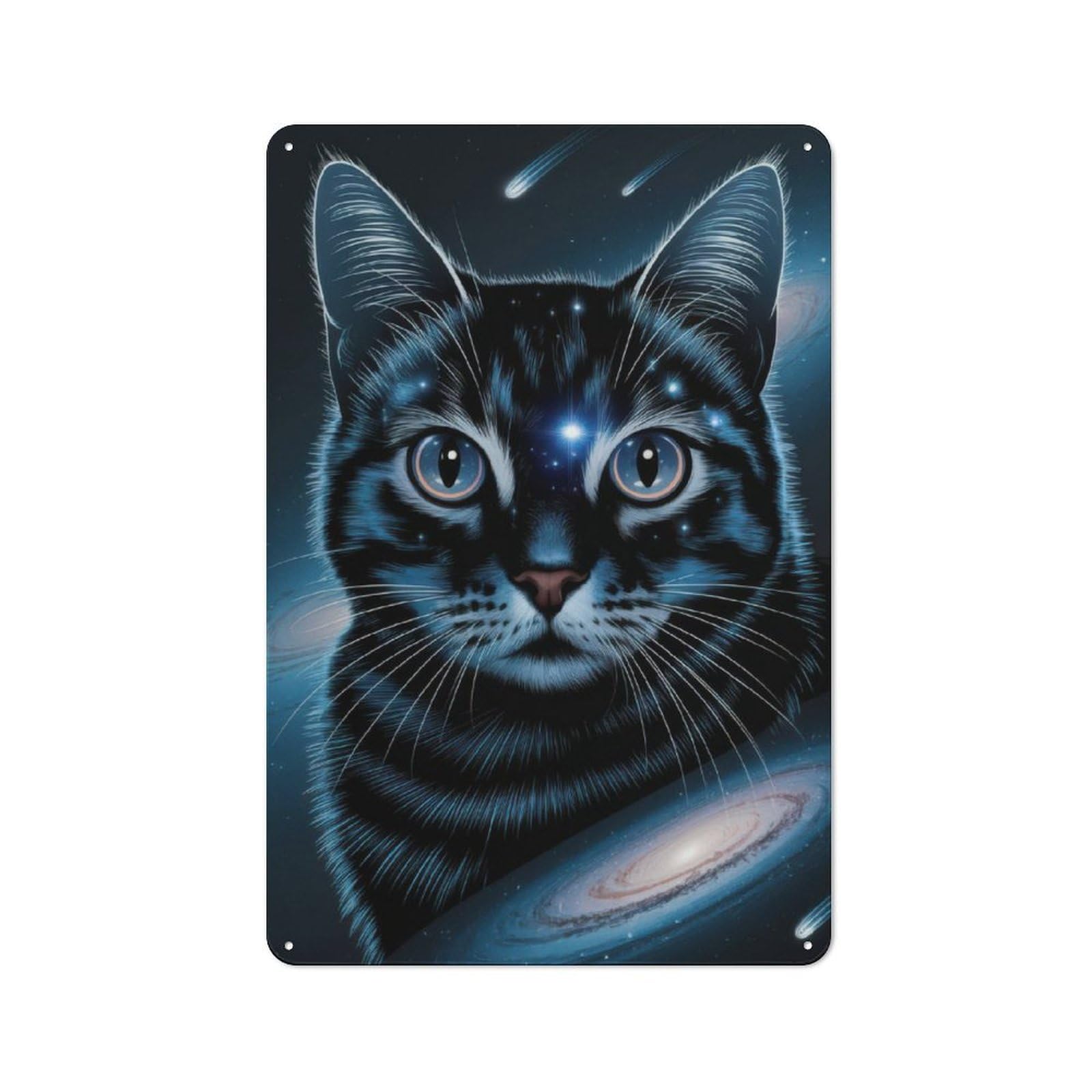 Cosmic Space Cat Workshop Style Metal Wall Decor 30x20cm, Decorative Metal Plaque for Garage, Workshop, Shed Or Utility Room